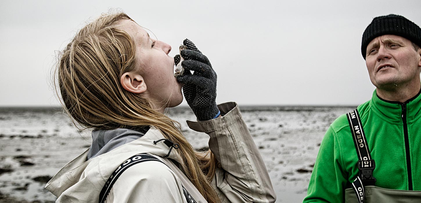 Pige i regnjakke spiser frisk østers i Vadehavet