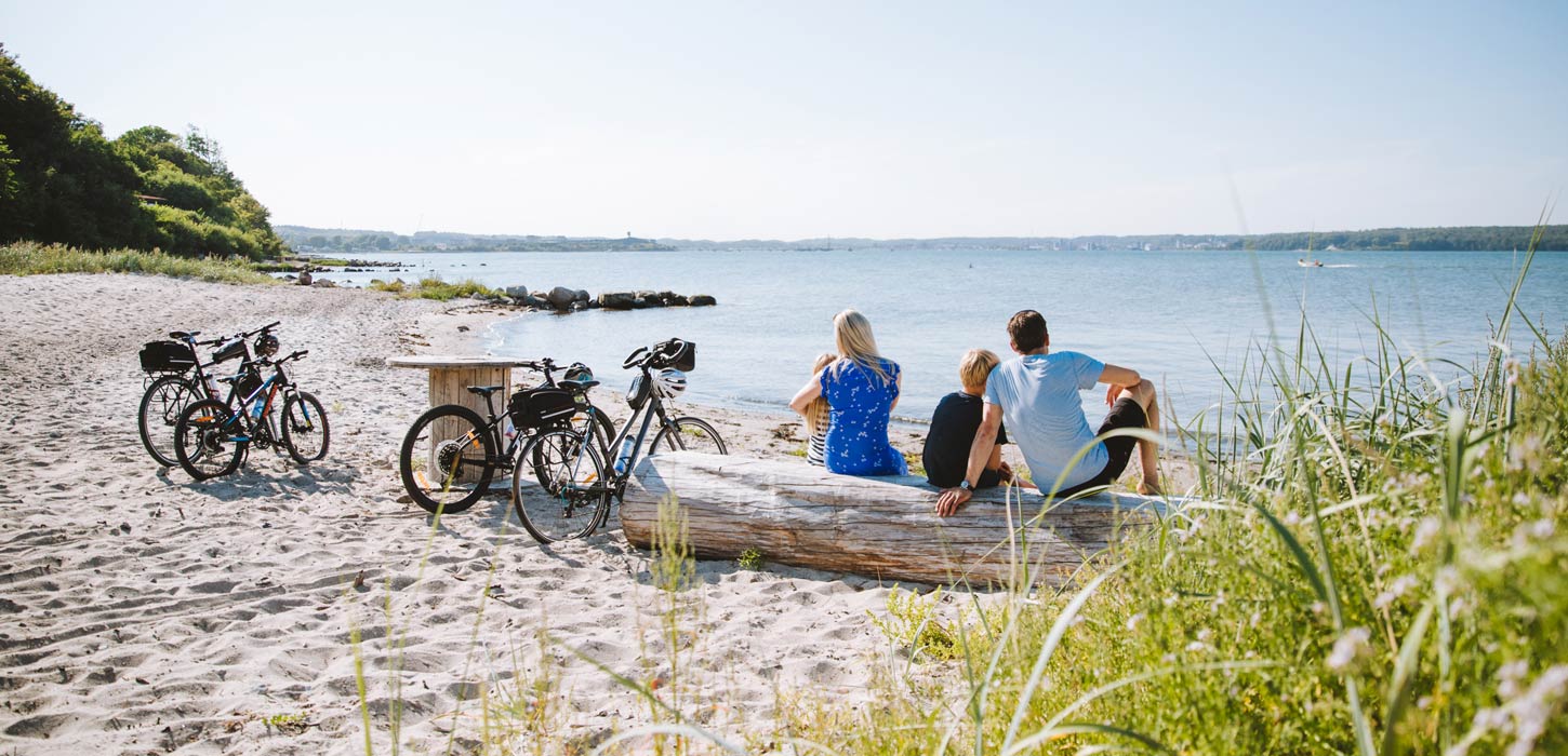 Familie sidder på stranden og kigger ud over vandet med cykler ved siden af