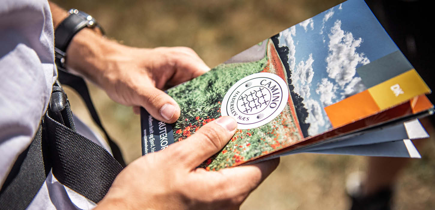 En vandre står med Camino Haderslev Næs kortet i sine hænder