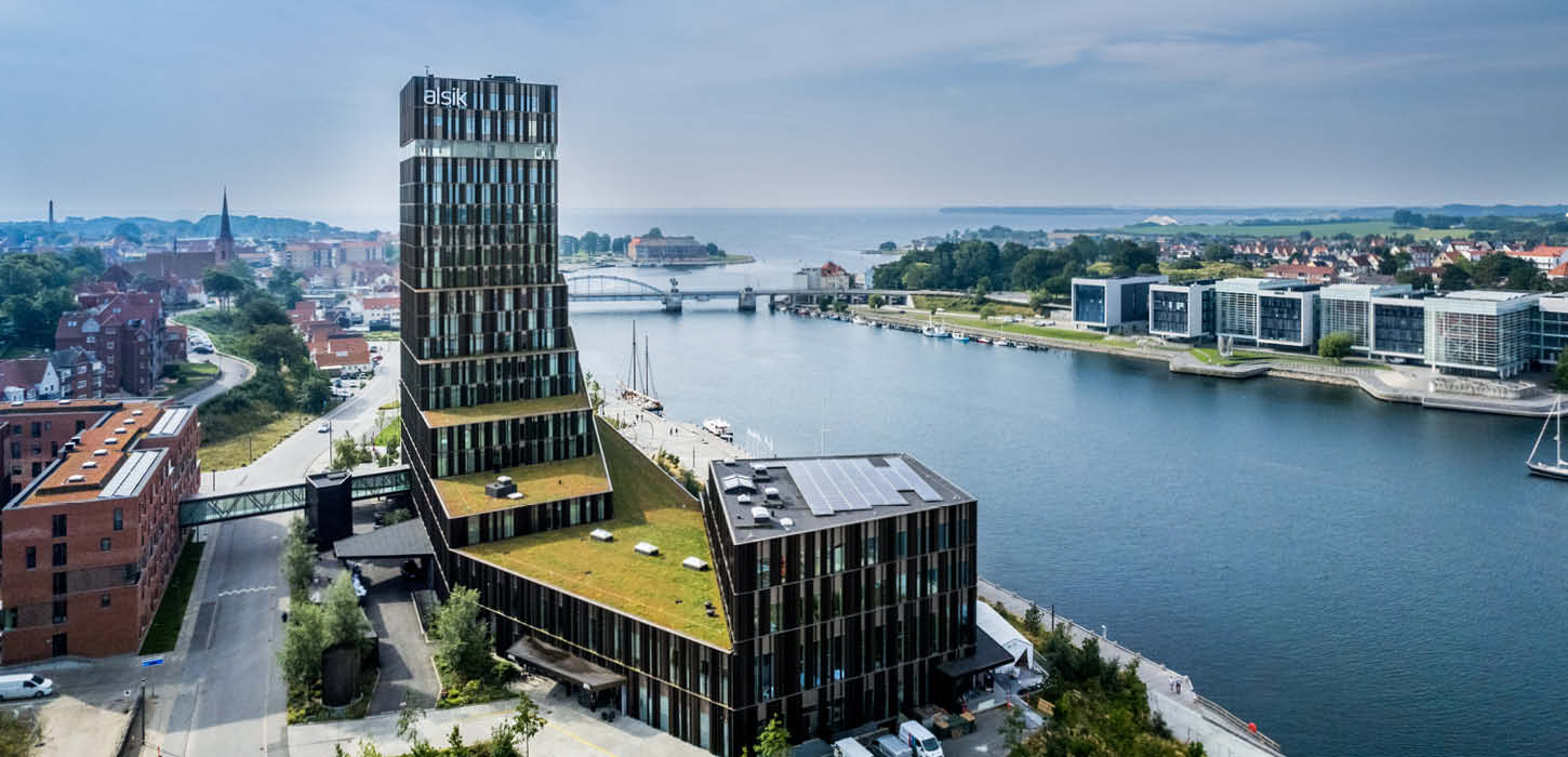 Luftfoto af Alsik med Alssund i baggrunden